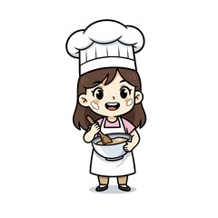Cute cartoon girl chef character with a happy smile mixing batter in a bowl, illustrating the joy of baking