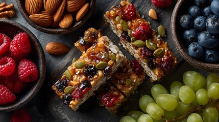Vibrant flat lay of healthy snacks including bowls of fresh almonds, walnuts, berries, and homemade granola bars drizzled with honey and grapes.