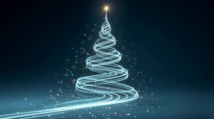 Premium corporate Christmas key visual, futuristic Christmas tree of glowing neon light trails, digital circuits, abstract mobility roads, geometric star on top, deep blue night gradient - Powered by Adobe