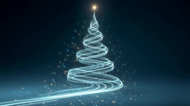 Premium corporate Christmas key visual, futuristic Christmas tree of glowing neon light trails, digital circuits, abstract mobility roads, geometric star on top, deep blue night gradient