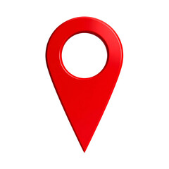 A 3D red location pin graphic with a shadow effect on a stark black background