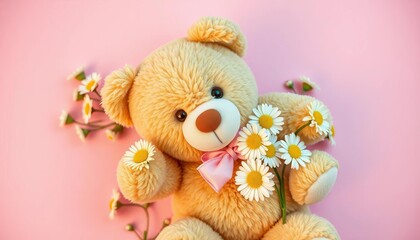 Adorable teddy bear with daisies on pink background, top view,  floral design,  cute