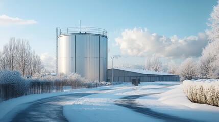 Obraz premium Industrial Storage Tank in Snowy Winter Landscape.