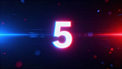 Countdown Number 5: A striking visual of the number 5 rendered in a dynamic, neon-style design, framed by streaks of red and blue light against a sleek, dark backdrop, ready for the next second.