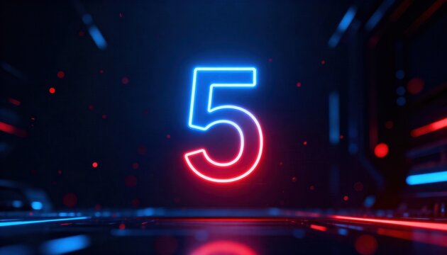 Neon Number 5: A radiant 5 glows against a futuristic backdrop. Embodying precision and innovation, the image is a visual symphony of light and shadow.