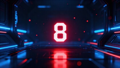 Countdown of Eight: A futuristic scene with the number 8 prominently displayed, bathed in neon light within a high-tech, cinematic environment.