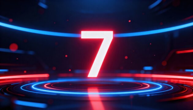 Countdown: A futuristic countdown number 7 glows brightly against a dynamic, digital backdrop, emitting a sense of anticipation and technological prowess.