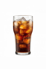 Glass of cola with ice cubes on white background, refreshing cold drink, carbonated beverage concept, soft drink with bubbles, summer refreshment, cool soda for cafe and restaurant menu