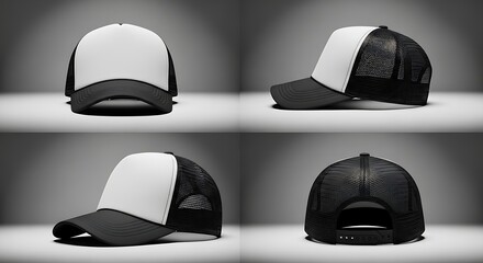 Black and white trucker cap mockup set – front, side, back, and angled views on neutral background, blank baseball hat template for branding design presentation