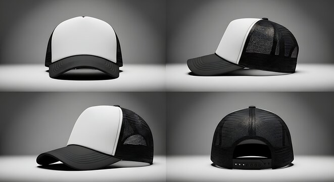 Black and white trucker cap mockup set &ndash; front, side, back, and angled views on neutral background, blank baseball hat template for branding design presentation