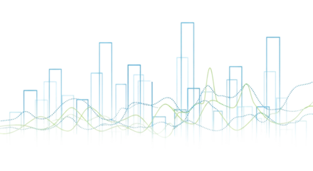 Abstract digital equalizer bars and sound waves against a dark background representing data analysis