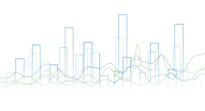 Abstract digital equalizer bars and sound waves against a dark background representing data analysis