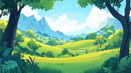 Vibrant green landscape with rolling hills and majestic mountains under a clear blue sky.