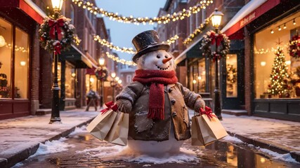 Snowman carries shopping bags under light. Snow falls across cobblestone street. Window displays christmas tree and gift. Cozy holiday atmosphere evokes winter celebration. Lamp post garland glows. - Powered by Adobe