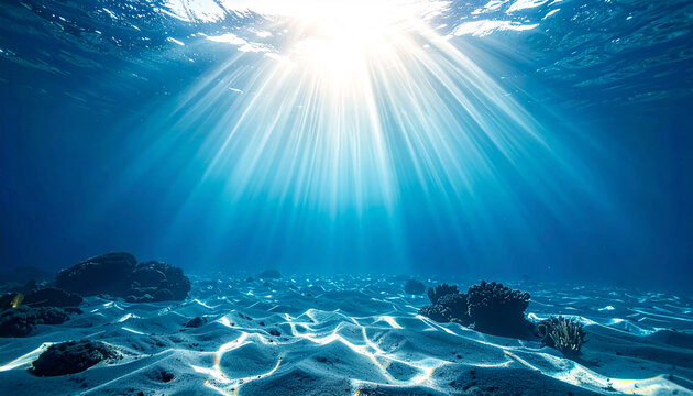 Underwater sun rays illuminating clear blue ocean.