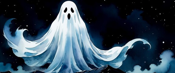 Ghost illustration wearing white sheet at night. Eerie spirit with black eyes and mouth. Halloween ghost floating under starry sky. Creepy phantom in dark cloudy background.