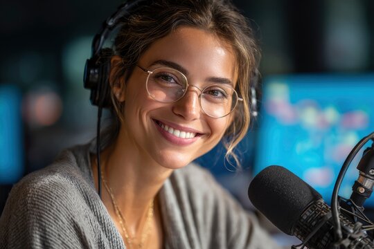 A smiling woman in glasses and headphones sits near a microphone likely recording
