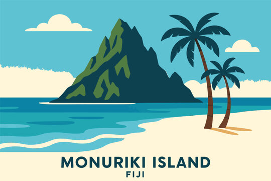 Flat minimal illustration of Monuriki Island, Fiji &mdash; a small tropical island surrounded by turquoise ocean and soft sandy beach. Central composition features stylized volcanic rock formations rising b