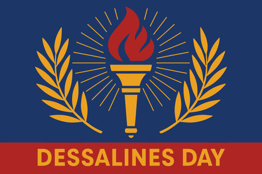 Illustration celebrating Dessalines Day in Haiti. Center composition features a stylized flame torch symbolizing liberty, framed by symmetrical palm leaves and a circular burst pattern behind. Use Hai