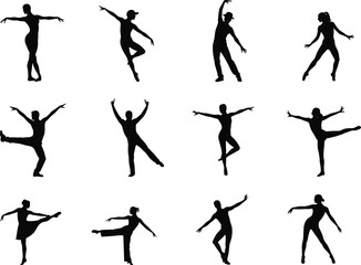 Fototapeta premium Black silhouette vector set of ballet dancers in classical poses, showcasing graceful movement, flexibility, and artistic expression for design use
