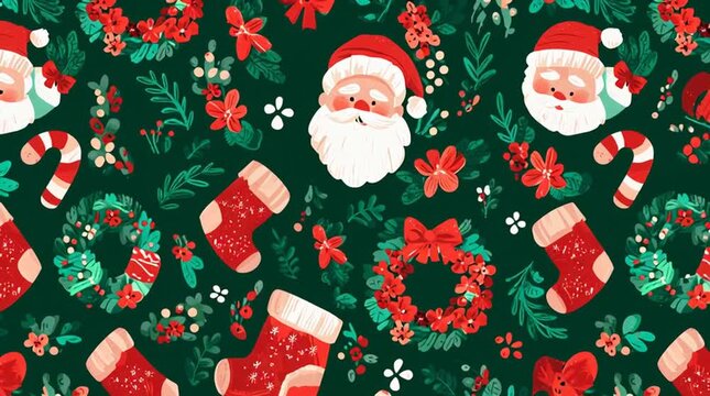Expressive looping Christmas pattern featuring Santa Claus, wreaths, stockings, and candy canes; festive seamless animation with bright colors and cheerful holiday motifs.