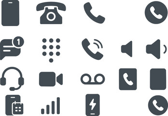 A clean and minimal set of 16 solid color flat icons representing phones, communication, and connectivity. Plain simple shapes with smooth edges, no gradients, no textures, no raster effects. Icons in