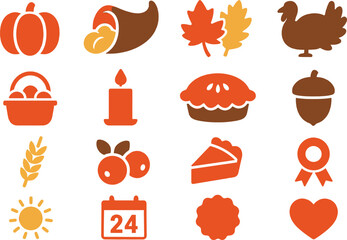 A clean and minimal set of 16 solid color flat icons representing Thanksgiving and autumn harvest themes. Plain simple shapes with smooth edges, no gradients, no textures, no raster effects. Icons inc © MORIUM JANNAT