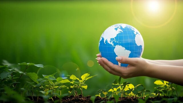 Hands holding the earth globe with green sprouts