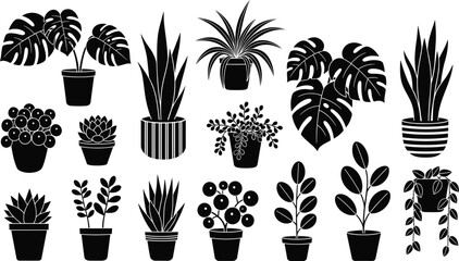 Black Silhouette Vector Set of Diverse Potted Houseplants with Unique Leaves, Hanging Pots, Indoor Decor, Botanical Shapes and Foliage Variety