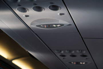 airplane cabin prohibition signs show about no usage of cellular data no smoking and fasting seatbelt light up signs