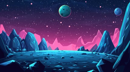 A Cartoon Illustration of an Alien Landscape with Two Planets in the Night Sky