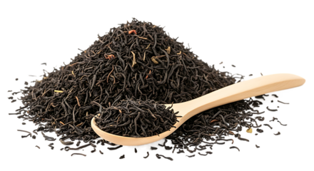 Loose leaf black tea piled high with a wooden spoon collecting a portion on a dark background