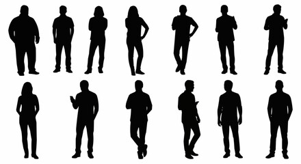 Silhouettes of diverse individuals standing in various poses, representing different activities and interactions.