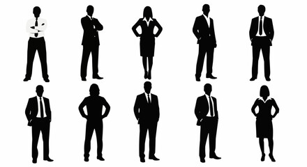 Silhouettes of diverse business professionals standing confidently in formal attire.