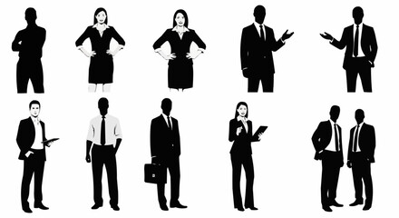 Diverse group of business professionals in silhouette form showcasing various poses and attire.