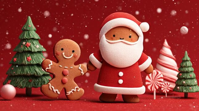 Cute festive illustration with gingerbread man, Christmas tree, and Santa Claus on a bright red background; cheerful holiday design with a stylish, modern Christmas look.