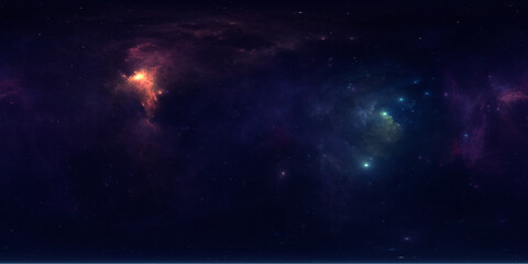 360 degree space nebula. Giant interstellar cloud with stars, equirectangular projection, environment map. Spherical panorama. 3D rendering, Fractal image