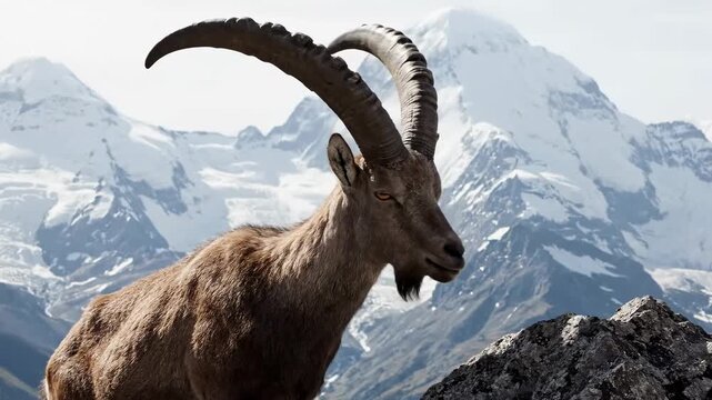 Majestic Ibex with Impressive Horns Standing on a Rocky Outcrop in Front of Snow-Capped Mountains.