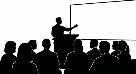 Silhouette of a speaker presenting to an audience in a conference room.