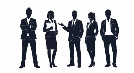 Silhouettes of diverse business professionals standing together, representing teamwork and corporate success.