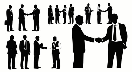 Business people shaking hands to seal a deal in silhouette form.