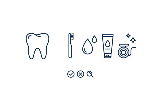 Dental care hygiene line icon set. Tooth, toothbrush, toothpaste, water drop, and floss symbols. Vector illustration for oral health, dentistry, and teeth cleaning concepts.