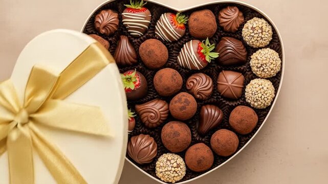 A heart-shaped box tied with a gold bow contains an assortment of chocolates and chocolate-covered strawberries. The box is open