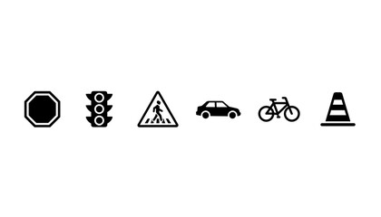 Traffic and road safety vector icon set. Stop sign, traffic light, pedestrian crosswalk, car, bicycle, and cone glyphs. Urban transportation and street signs symbols.