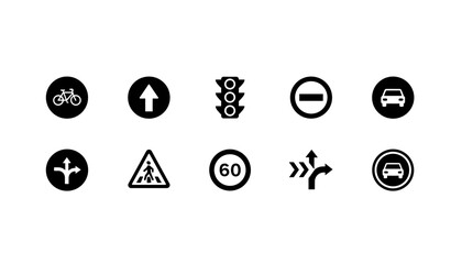 Traffic signs vector icon set. Road safety and street regulation symbols collection. Includes traffic light, speed limit, pedestrian crossing, bicycle lane, and car direction signs.