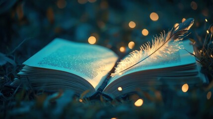 Open book, feather, teal light, mystic garden, reading, night, background, stock photo
