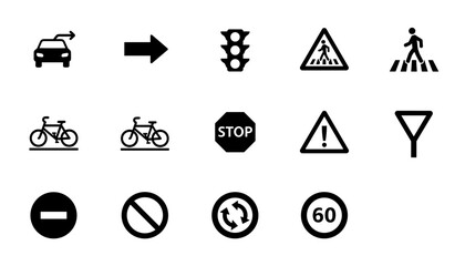 Traffic road sign vector icon set. Driving safety glyph collection. Pedestrian crosswalk, stop, yield, speed limit, roundabout, traffic light, bicycle and car symbols.