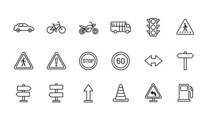 Traffic and transportation thin line icon set. Road safety signs and vehicle symbols collection. Vector outline of car, bus, stop sign, traffic light, speed limit, and pedestrian.