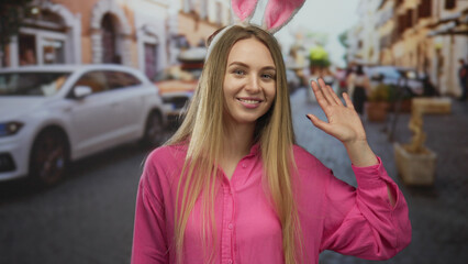 Fototapeta premium Young woman with pink rabbit ears smiles outdoors on a bustling city street, wearing a vibrant pink shirt, creating a playful easter theme amidst urban life.