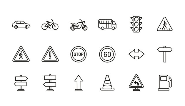 Traffic and transportation thin line icon set. Road safety signs and vehicle symbols collection. Vector outline of car, bus, stop sign, traffic light, speed limit, and pedestrian.
